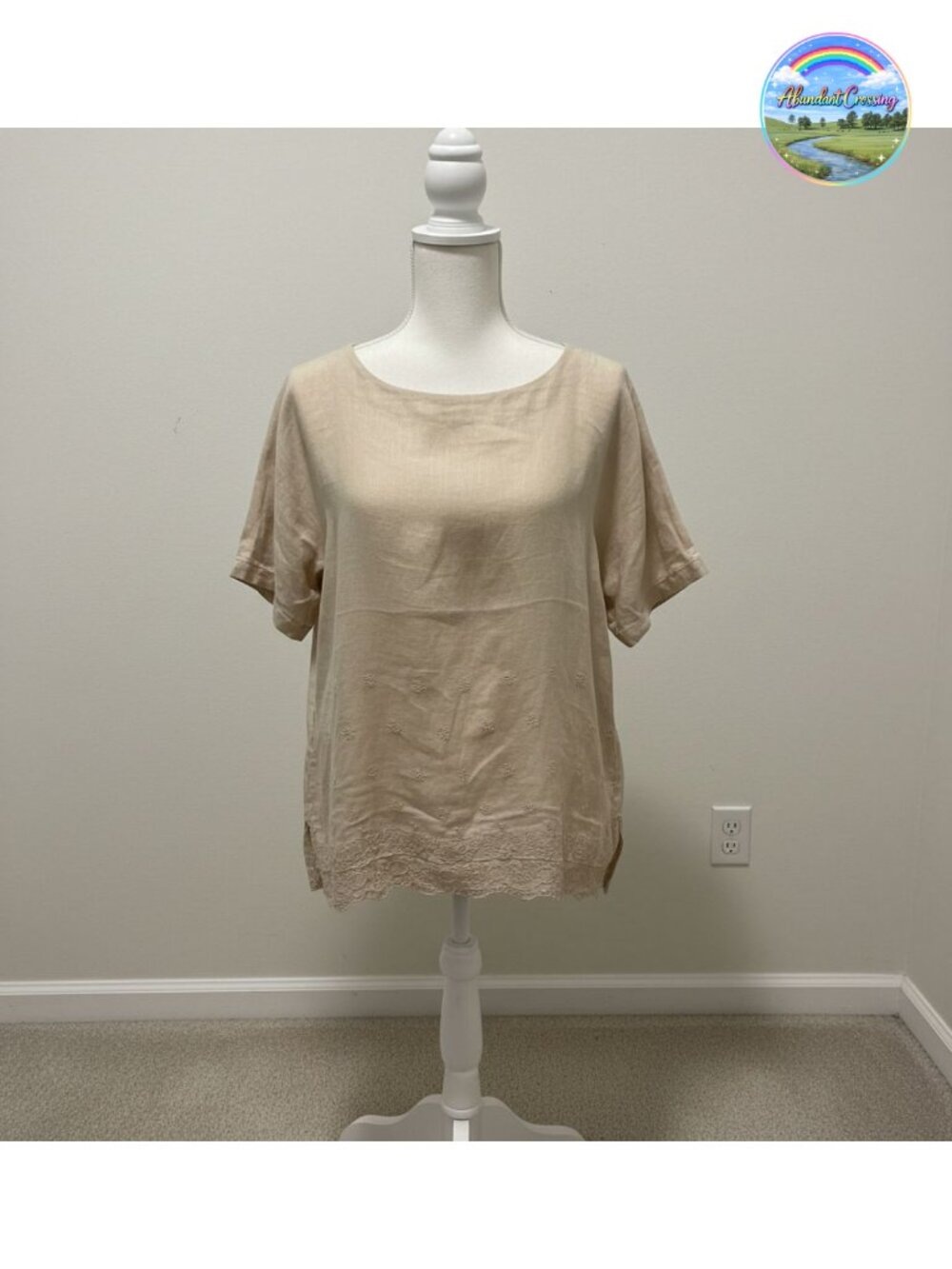 Minibee Linen Tunic Shirt Embroidered Hi-Low Blouse Short Sleeve